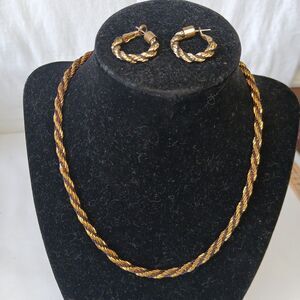 KR Jewelry Signed Necklace 16" & Earrings Set Black Gold Tone Braided Rope Chain